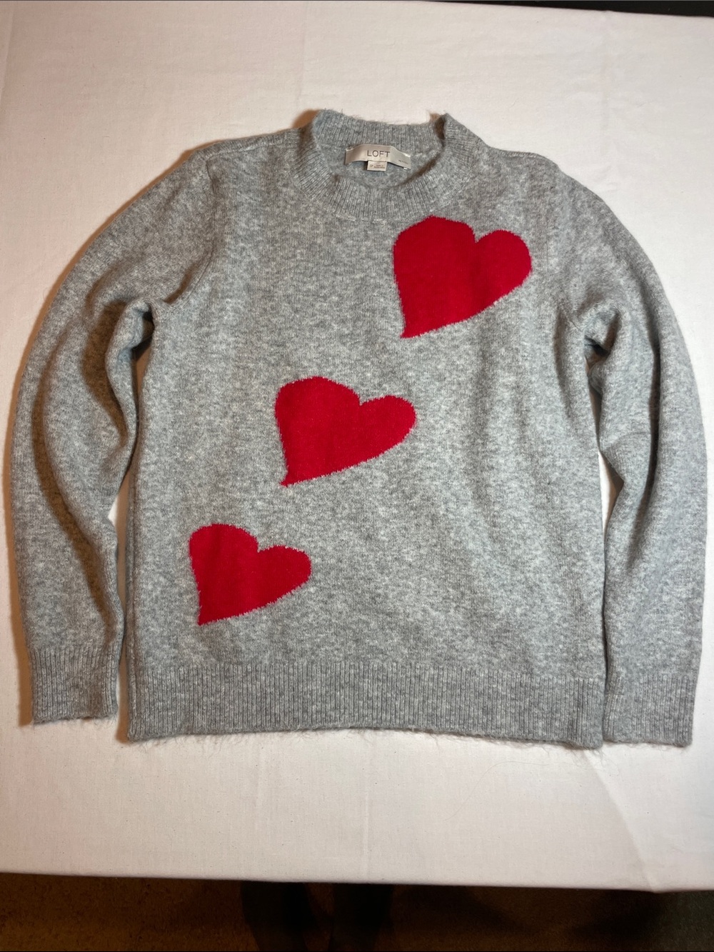 LOFT Heather Gray Sweater with Red Heart Accents